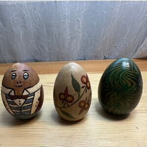 Set of 3 Hand Painted Wooden Easter Eggs Folk Art Decor